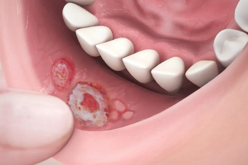 Close-up of a person's mouth with a red spot on a tooth, indicating a mouth ulcer.