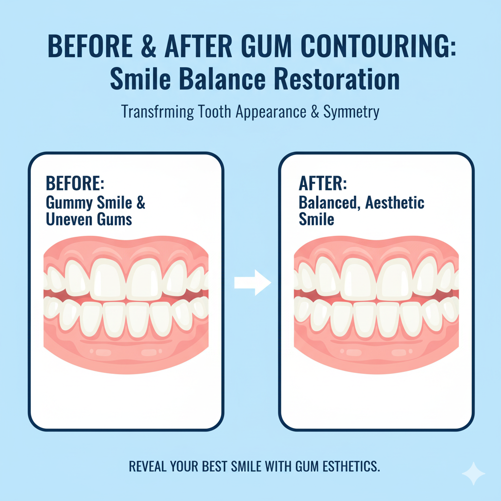 infographic showing "Before & After Gum Contouring: Smile Balance Restoration," visually demonstrating how reducing gum coverage transforms tooth appearance
