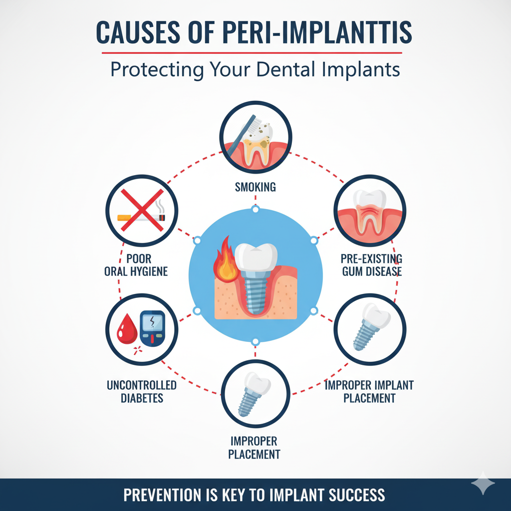 infographic illustrating "Causes of Peri-Implantitis" with a visual representation of the contributing factors