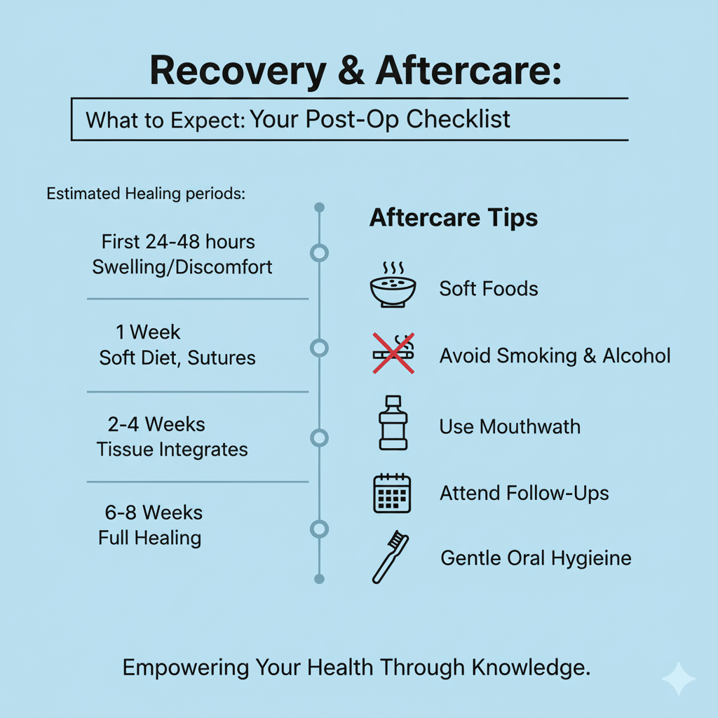Infographic checklist for gum surgery aftercare, detailing tips for diet, hygiene, and follow-up appointments to ensure proper healing.