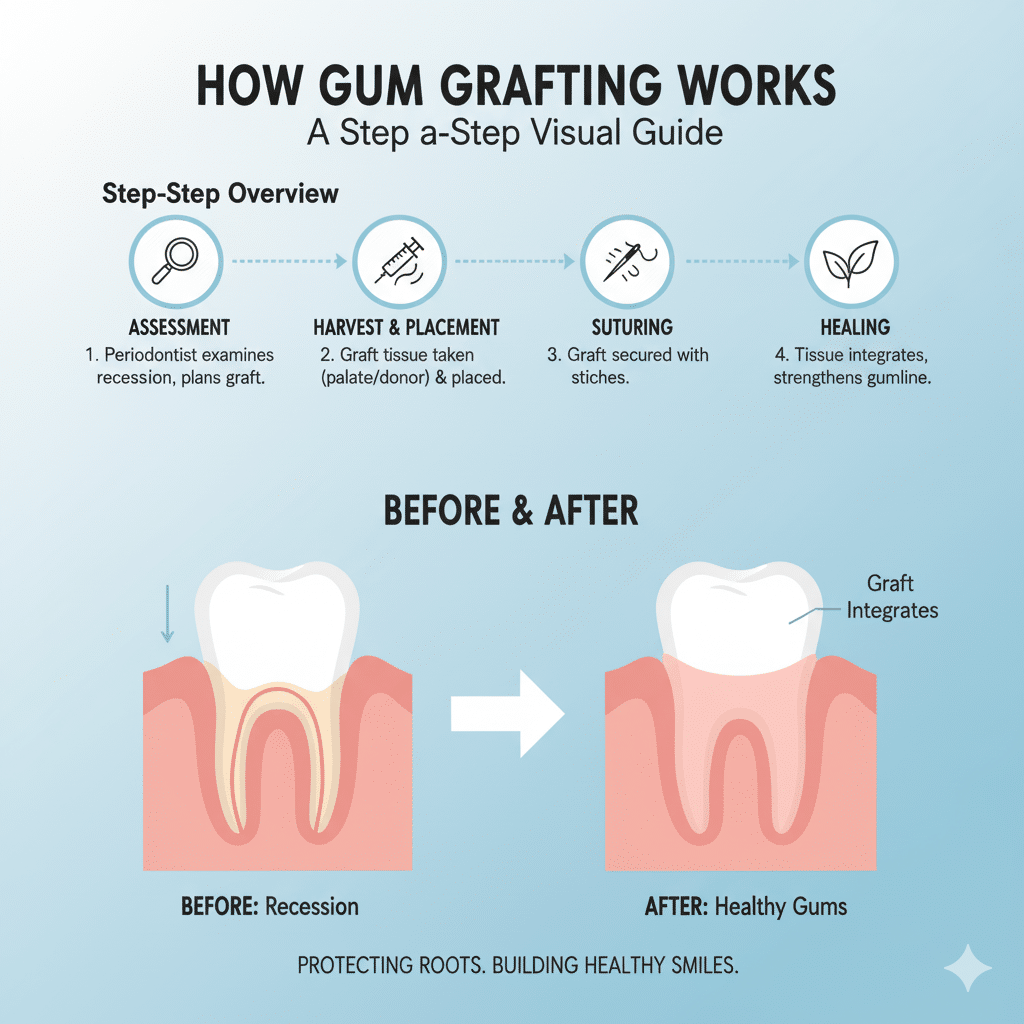 Infographic showing "How Gum Grafting Works" with a step-by-step overview and before & after diagrams.