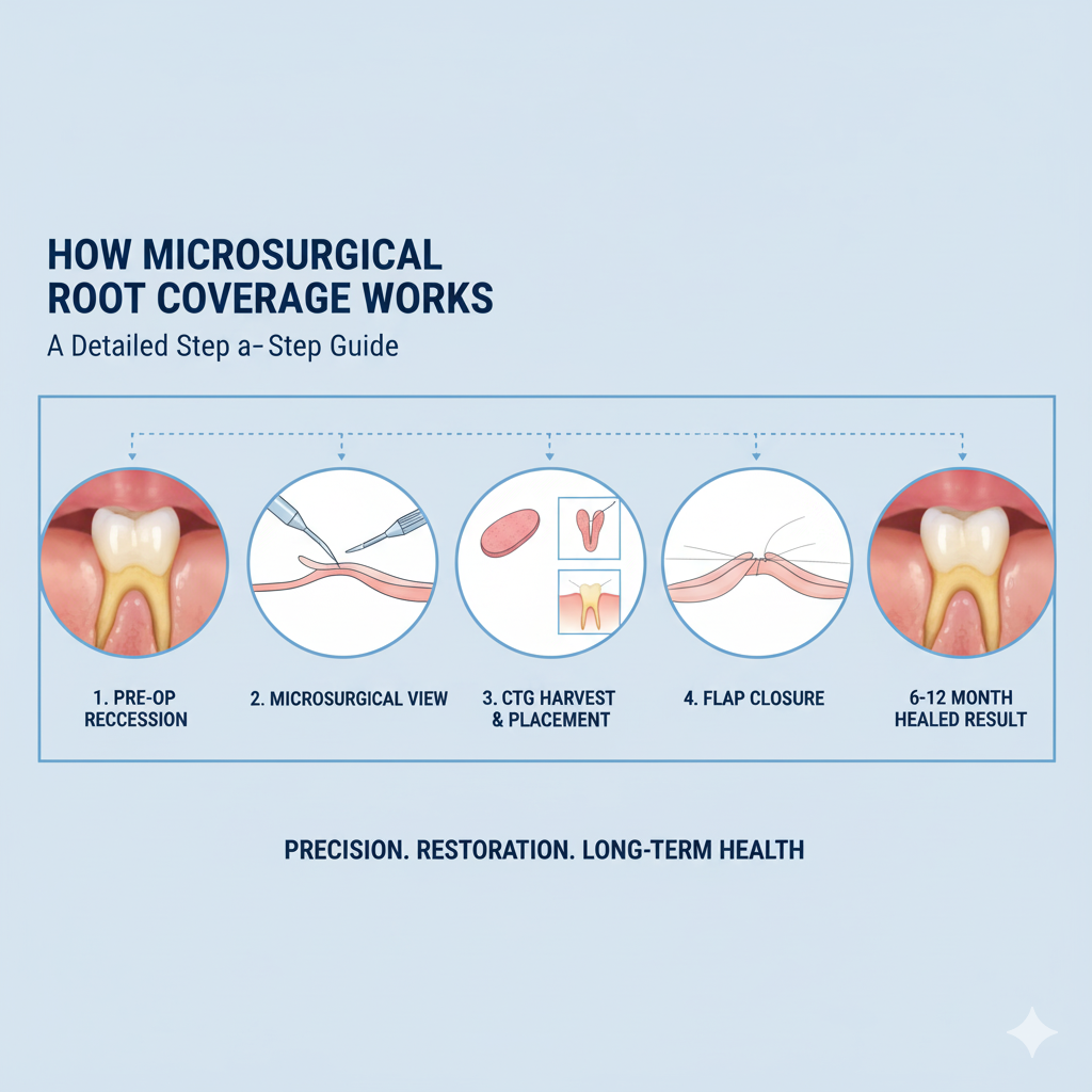 a multi-panel infographic titled "How Microsurgical Root Coverage Works," illustrating the detailed steps from pre-op to healed results.