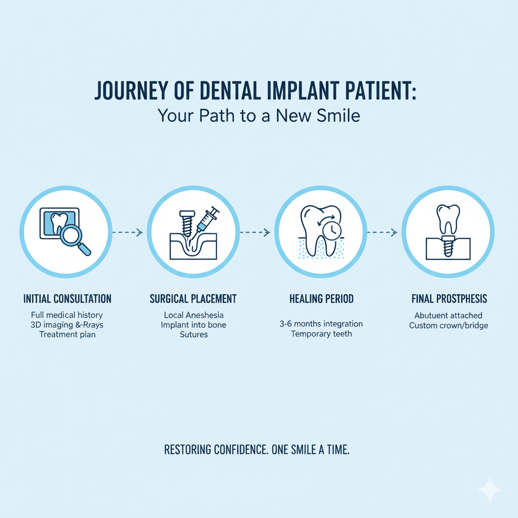An infographic titled "Journey of a Dental Implant Patient," outlining the four main steps of the procedure.