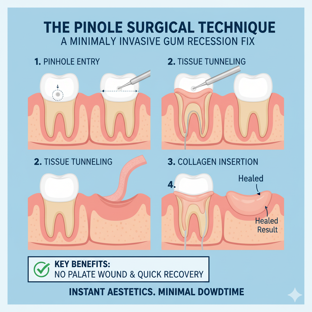 an infographic demonstrating the Pinhole Surgical Technique, focusing on the key steps and highlighting the benefits of "no palate wound" and quick recovery