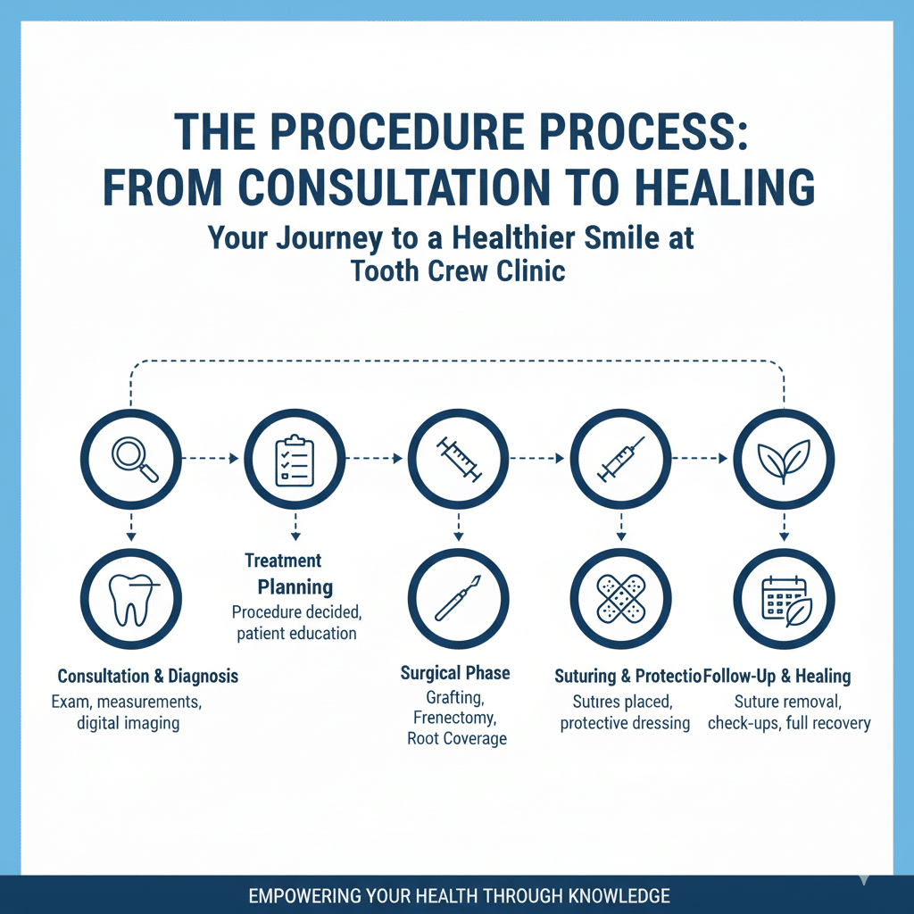 The Procedure Process: From Consultation to Healing." It outlines a timeline showing the steps for gum surgeries at the clinic