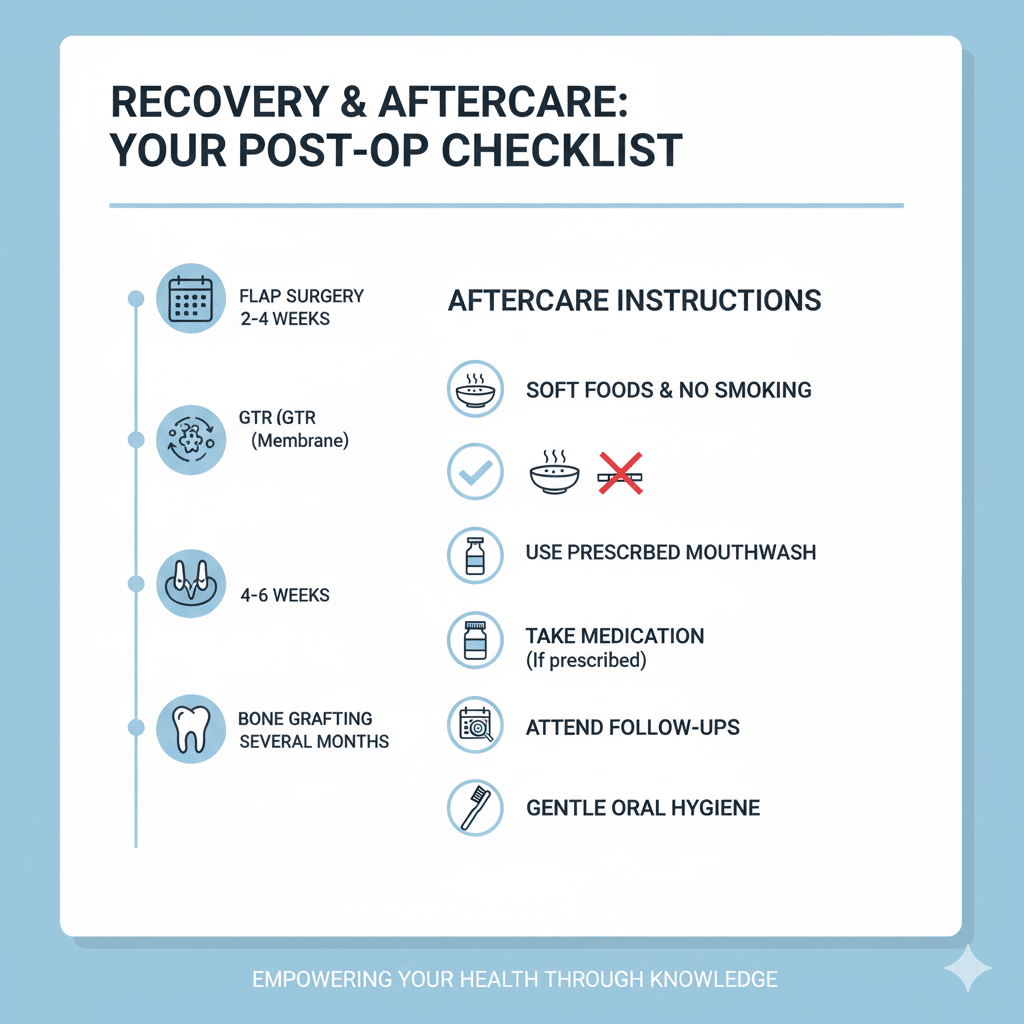 Infographic titled "Recovery & Aftercare: Your Post-Op Checklist." It shows healing times for different surgeries