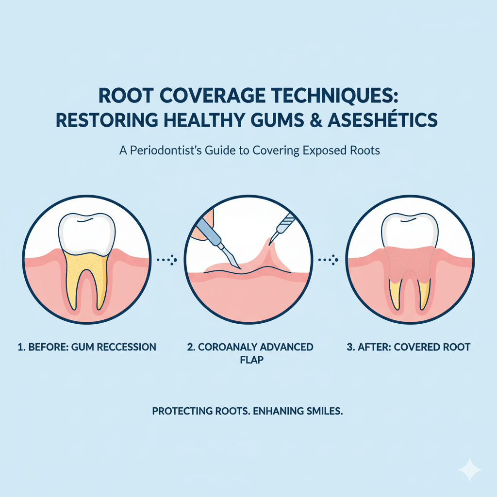 An infographic showing a three-step process for root coverage surgery.