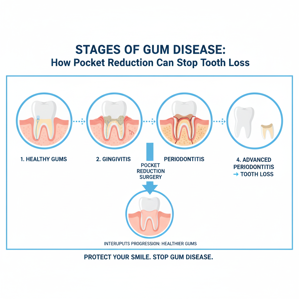 infographic visualizing "Stages of Gum Disease: Healthy Gums → Gingivitis → Periodontitis → Tooth Loss," highlighting how pocket reduction interrupts the progression.