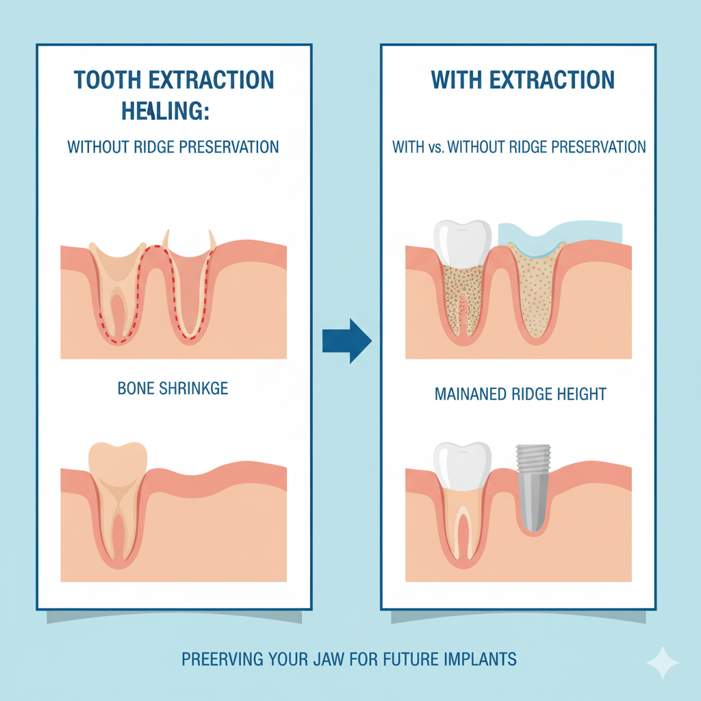 an infographic titled "Tooth Extraction Healing: With vs. Without Ridge Preservation," showing a side-by-side comparison of bone shrinkage versus maintained ridge height