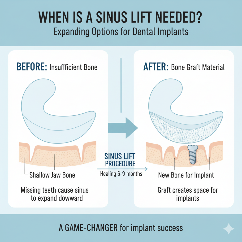  infographic titled "When Is a Sinus Lift Needed?" showing the sinus cavity before and after grafting