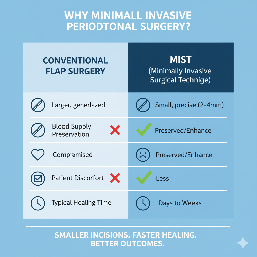 an infographic titled "Why Minimally Invasive Periodontal Surgery?" presenting a comparison chart between conventional flap surgery and MIST (Minimally Invasive Surgical Technique)