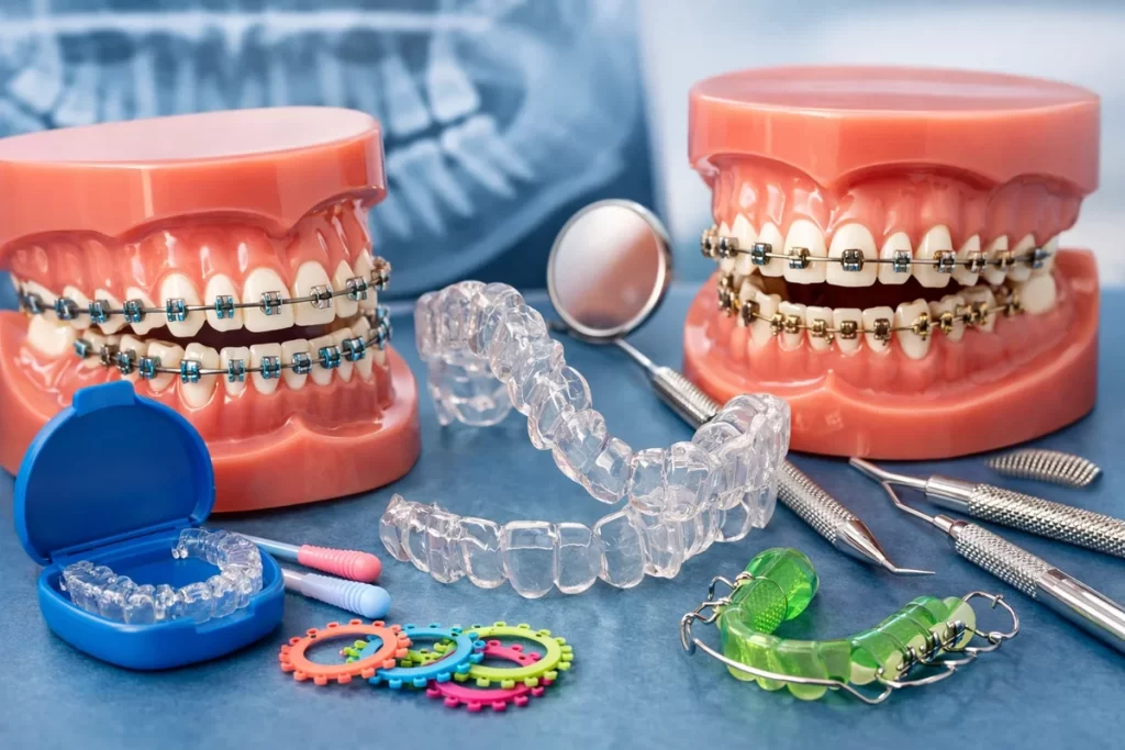 orthodontic tools and aligners, and braces on a table