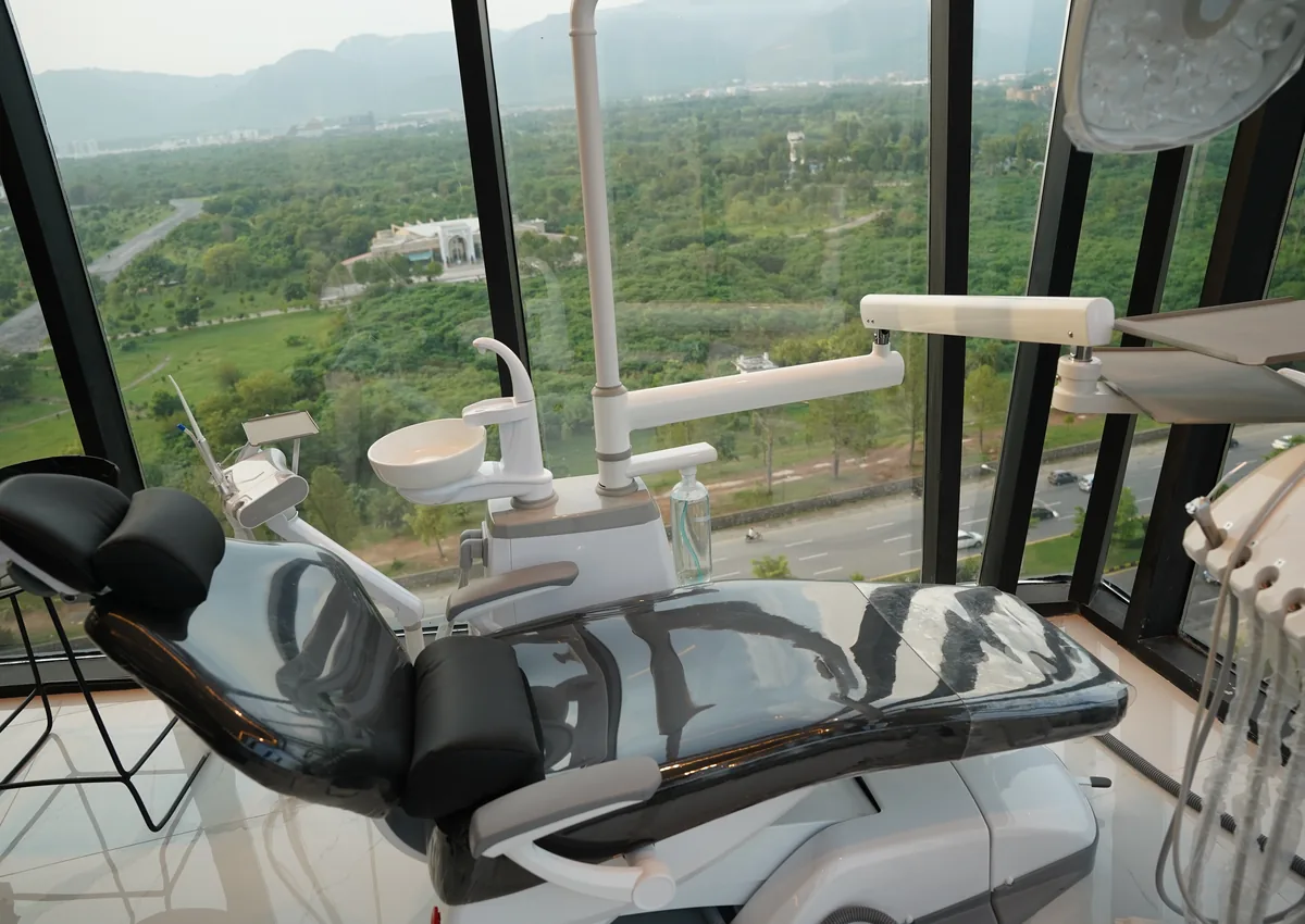 Dental treatment room with a view over F-9 Park at Tooth Crew Clinic, New Blue Area